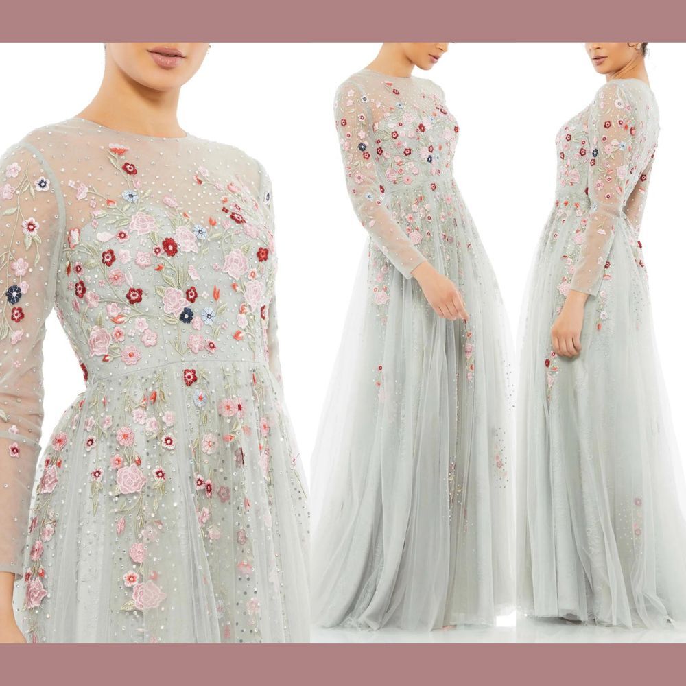 NWT Mac Duggal [ 6 ] 11241 Embroidered High Neck Long Sleeve Aline Gown Platinum